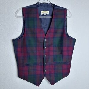 James Pringle Weavers Red Green Tartan Wool Vest Size Medium Made In Scotland